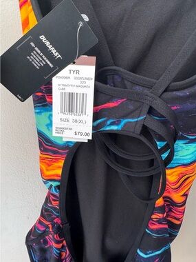 TYR Black One-Piece Swimsuit with Multicolor Magma Wave Print